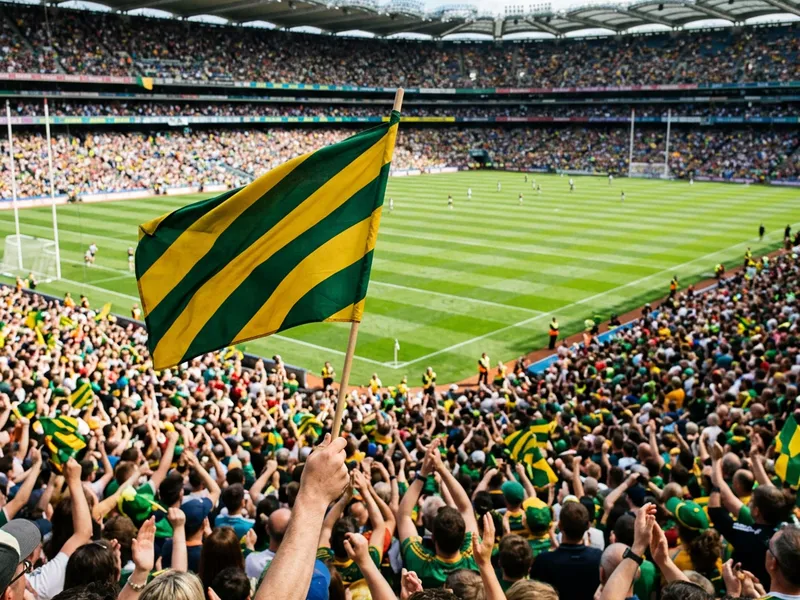 A packed GAA stadium on All-Ireland final day with a county flag in the foreground
