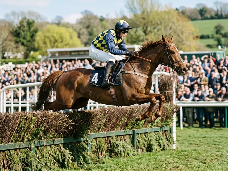 Jump racing over a fence with a packed grandstand behind on a bright March day