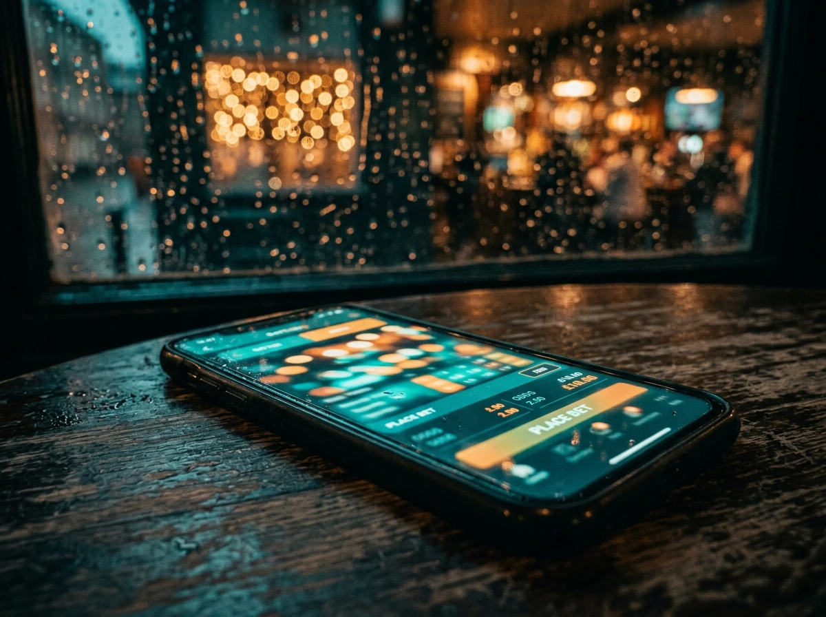 A phone showing a betting app on a dark wooden pub table, with a rain-streaked window onto a wet Irish street behind