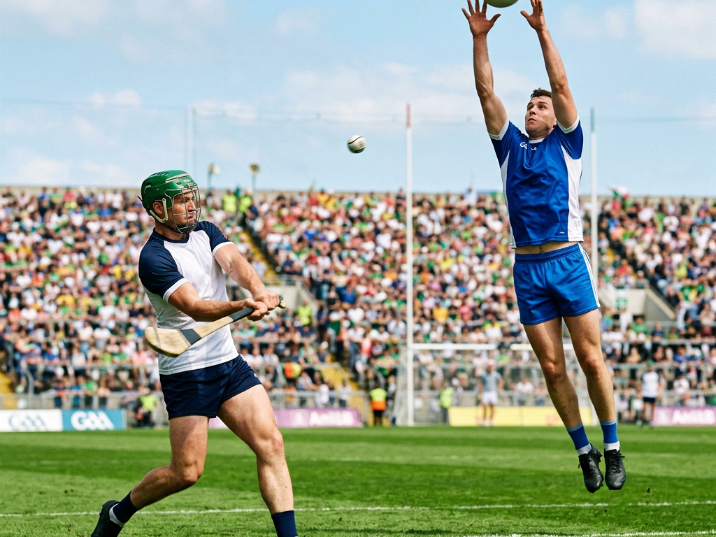 A hurler and a Gaelic footballer in action side by side on a summer Championship day