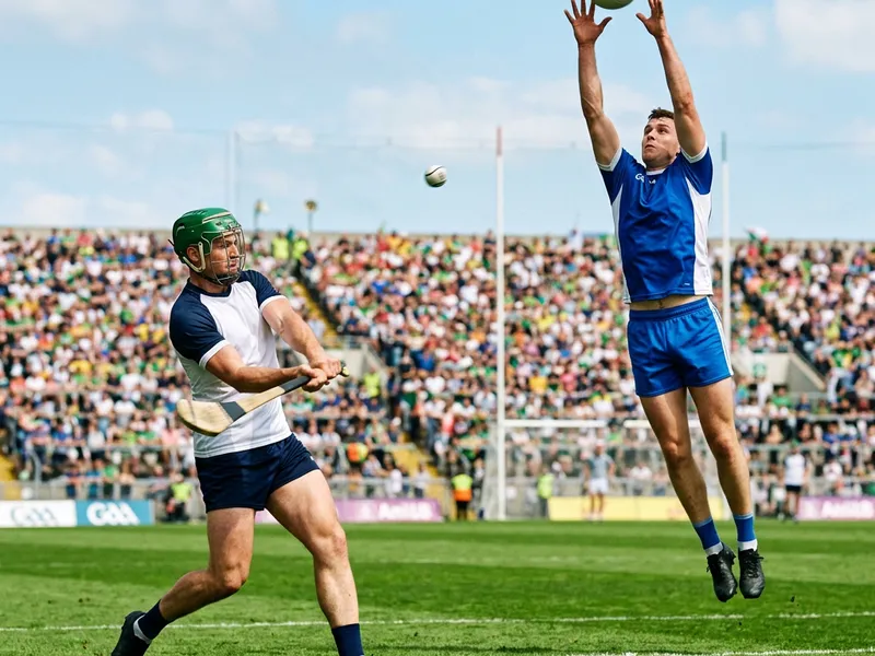 A hurler and a Gaelic footballer in action side by side on a summer Championship day
