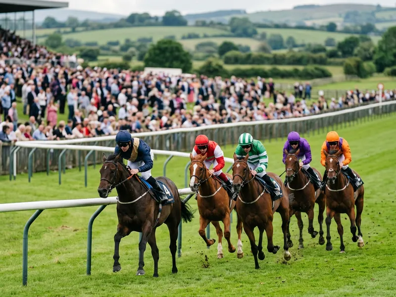 Racehorses and jockeys rounding the home turn on good summer ground at an Irish racecourse