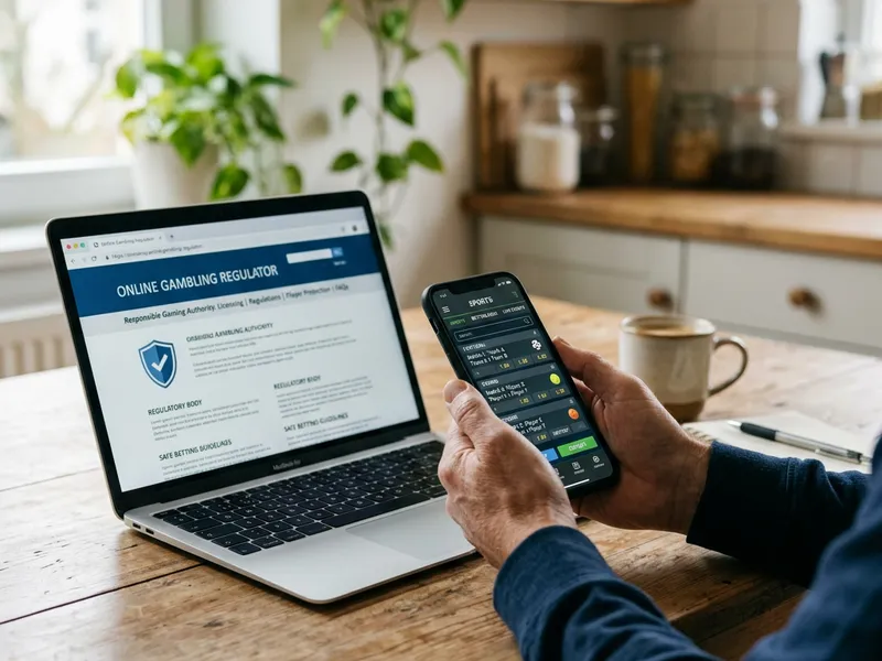 A person checking a betting app on a phone at a kitchen table with a laptop showing a regulator website