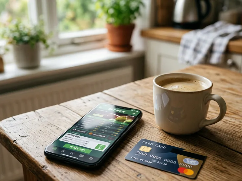 A smartphone showing a betting app beside a betting slip and coffee on a kitchen table