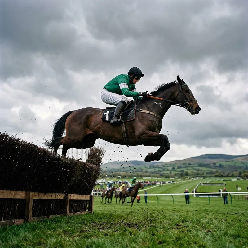 A steeplechaser jumping a fence on soft winter ground at an Irish racecourse