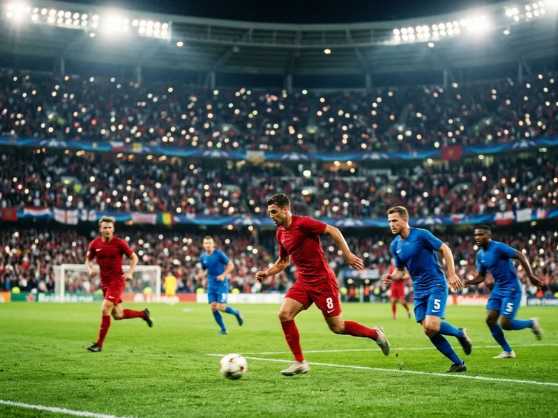 A Premier League match in full flow under floodlights with a packed stadium