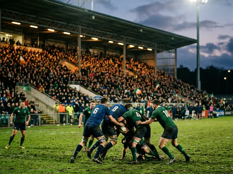 A provincial rugby match under floodlights with a packed Irish stand