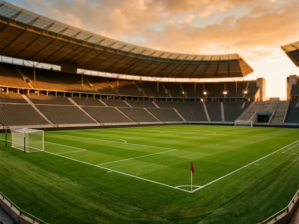 A football stadium pitch at golden hour ready for a World Cup match