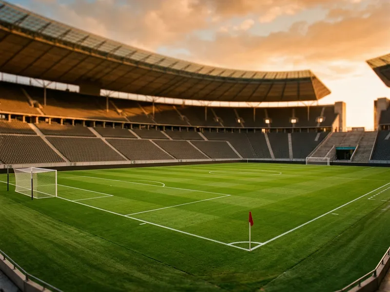 A football stadium pitch at golden hour ready for a World Cup match