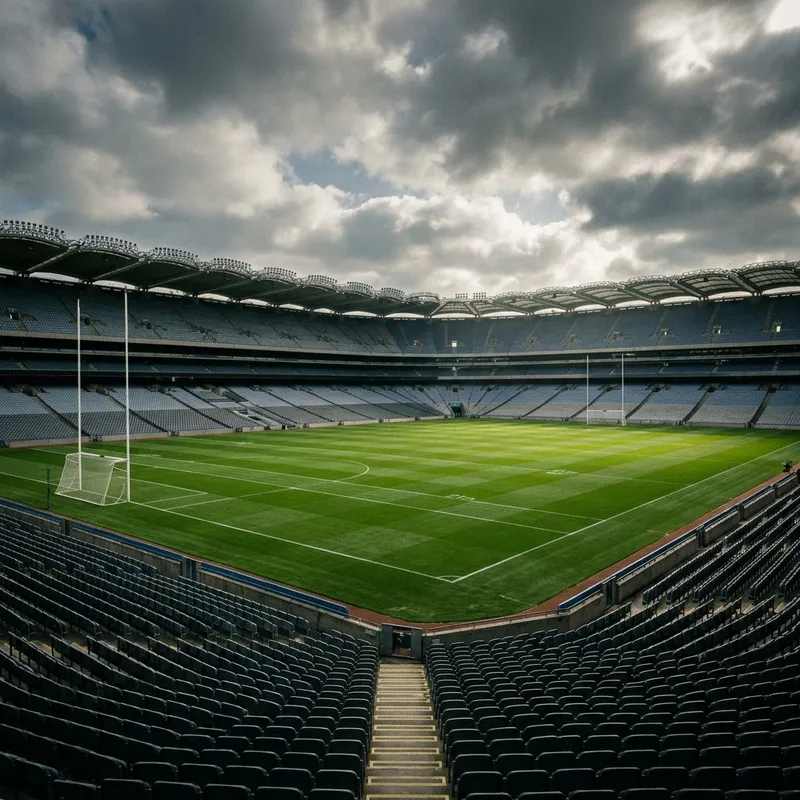A hurler rising to catch a sliotar under the Hogan Stand on All-Ireland final day