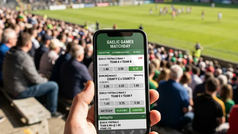 A smartphone showing a GAA match betting screen held up in a sunlit stadium stand