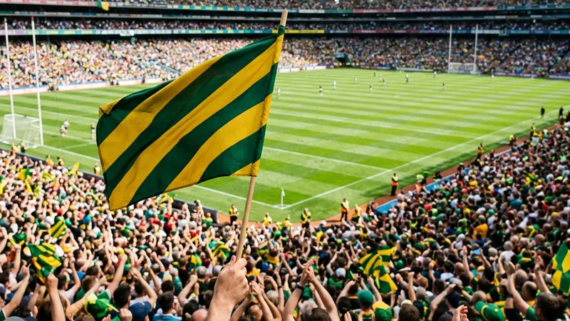 A packed GAA stadium on All-Ireland final day with a county flag in the foreground