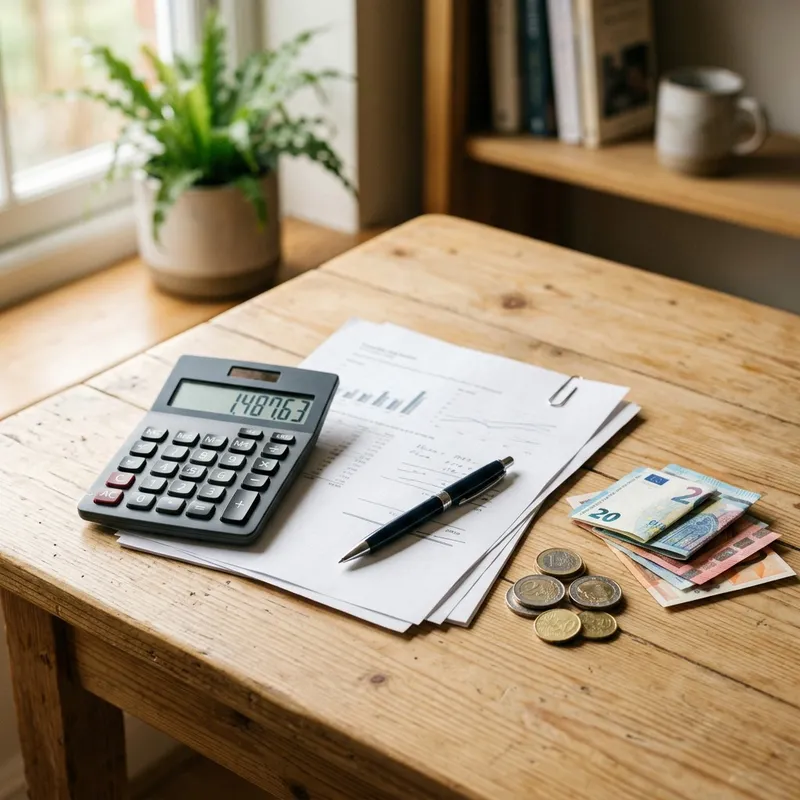 A calculator, euro notes and a betting slip on a kitchen table