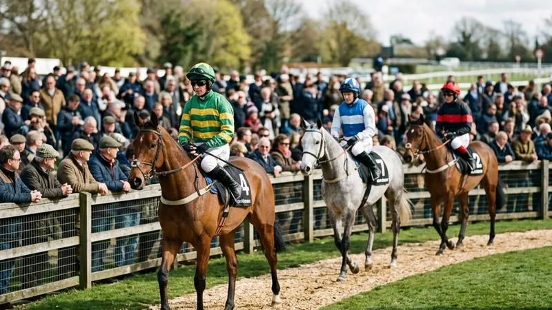 Horses and jockeys walking in the parade ring before a jumps race on a bright Festival afternoon