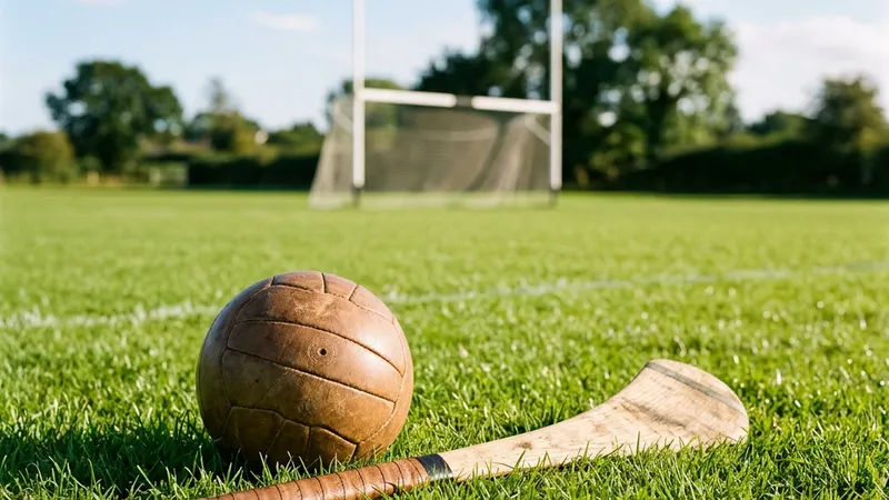 A Gaelic football and a hurley resting on the grass of a sunlit GAA pitch with goalposts behind