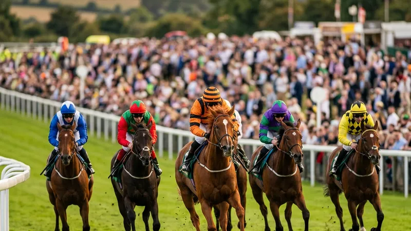 Racehorses and jockeys driving to the line on good summer ground at Ballybrit during the Galway festival