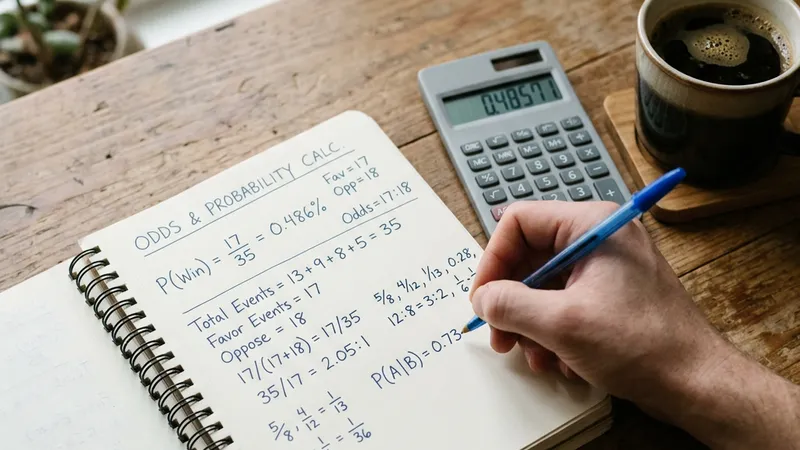 A hand working out odds and an implied-probability fraction in a notebook beside a calculator and a coffee