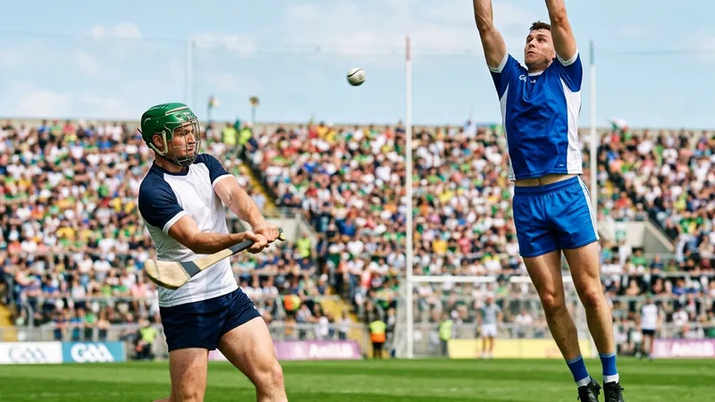 A hurler and a Gaelic footballer in action side by side on a summer Championship day