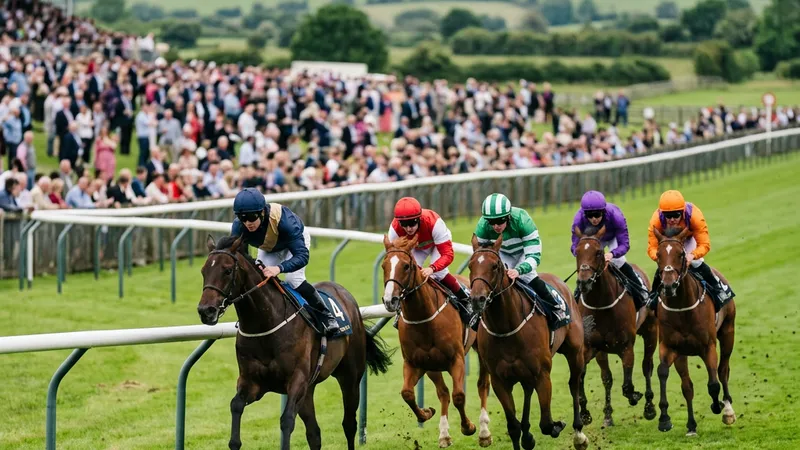 Racehorses and jockeys rounding the home turn on good summer ground at an Irish racecourse