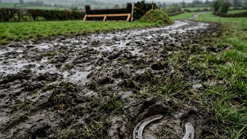 Close-up of soft going on an Irish jumps track after rain