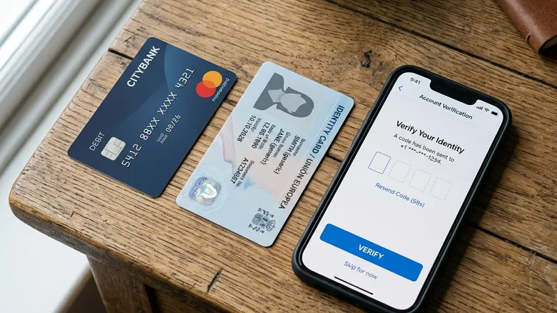 A debit card, photo ID and a smartphone showing an account-verification screen on a desk — the KYC identity check a licensed Irish bookmaker runs at sign-up
