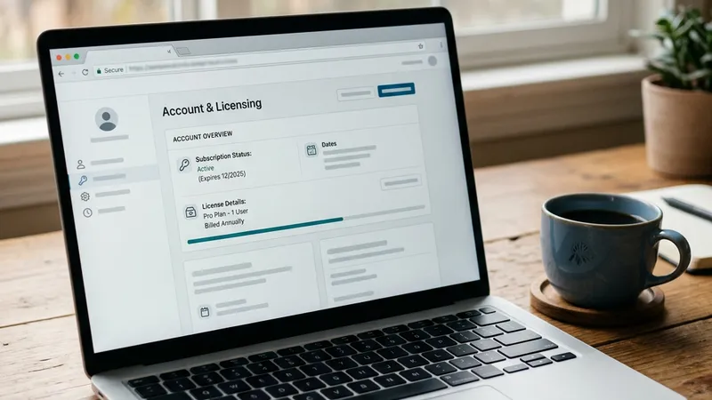 A laptop screen showing a browser security padlock and an account licensing page, a coffee cup beside it on a desk