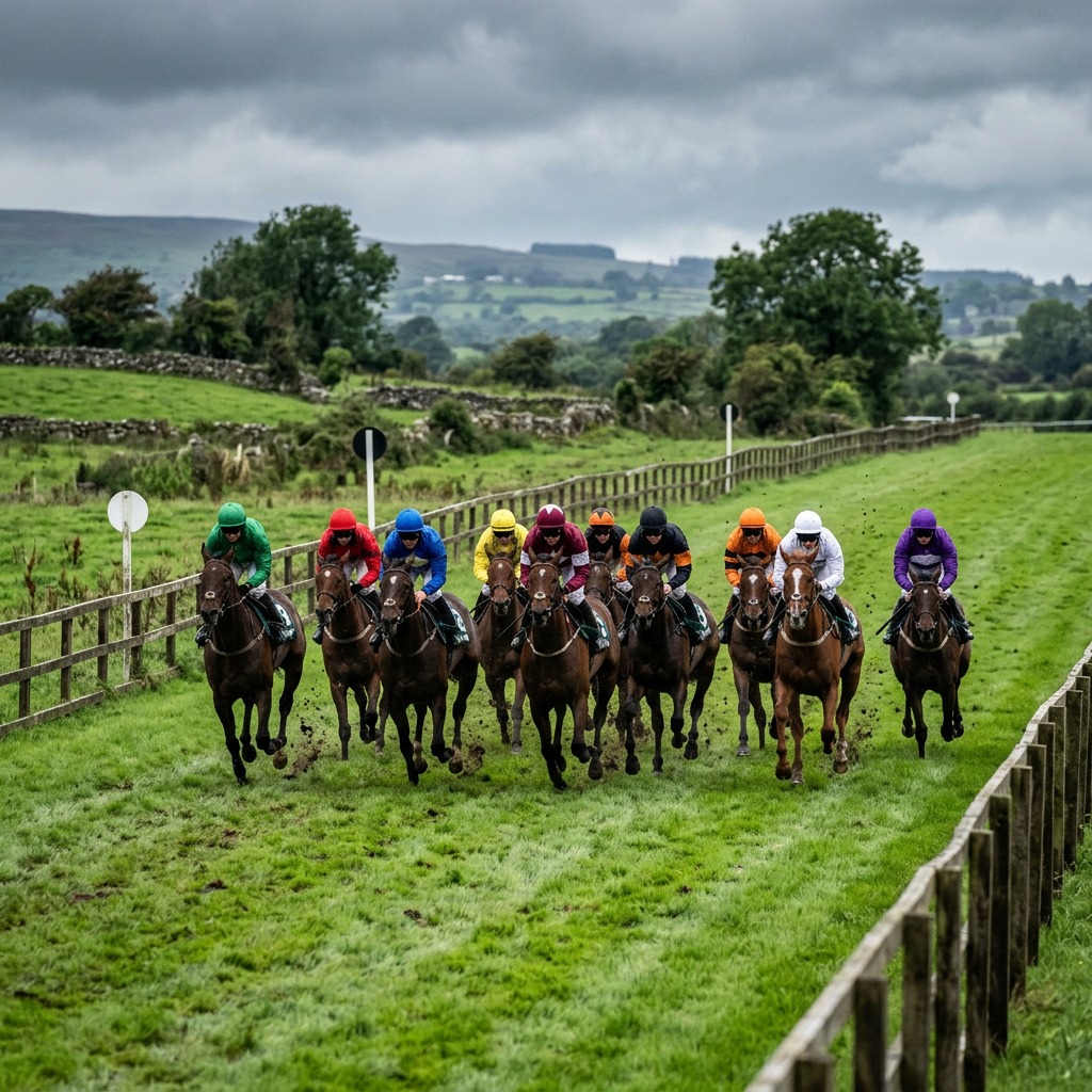 Racehorses and jockeys clearing a hurdle in close formation at an Irish jumps festival