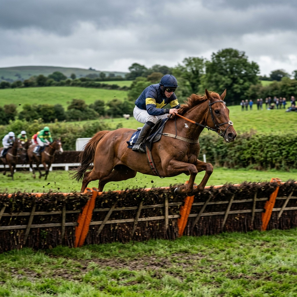 A steeplechaser jumping a fence on soft winter ground at an Irish racecourse