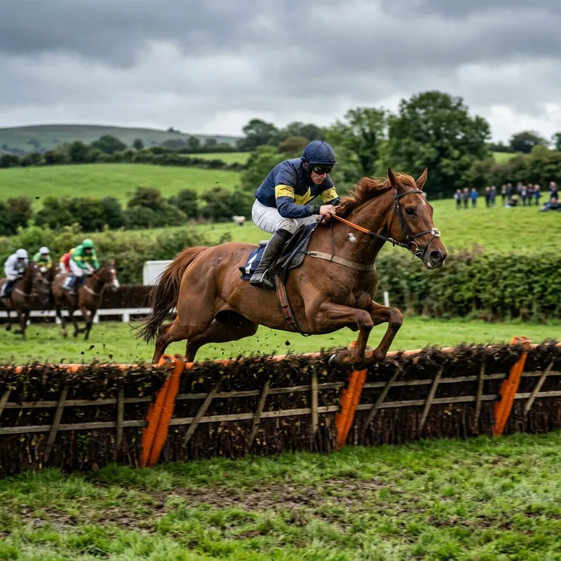 A steeplechaser jumping a fence on soft winter ground at an Irish racecourse