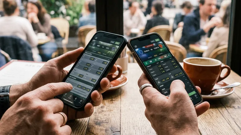 Two hands holding smartphones side by side comparing two Irish betting apps on a cafe table