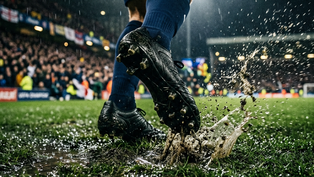 A close-up of football boots stepping onto a rain-soaked pitch under floodlights before a Premier League night match