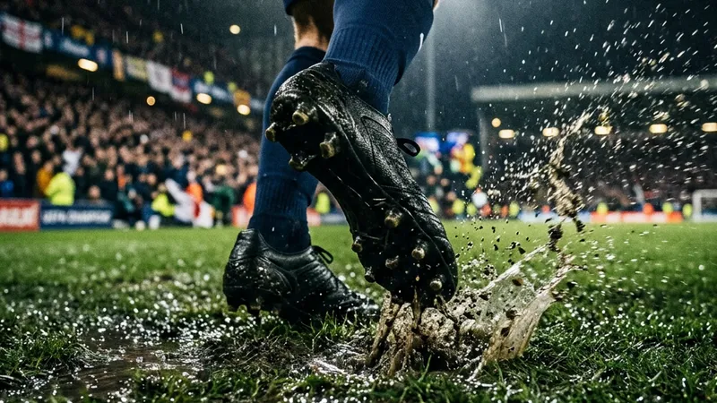 A close-up of football boots stepping onto a rain-soaked pitch under floodlights before a Premier League night match