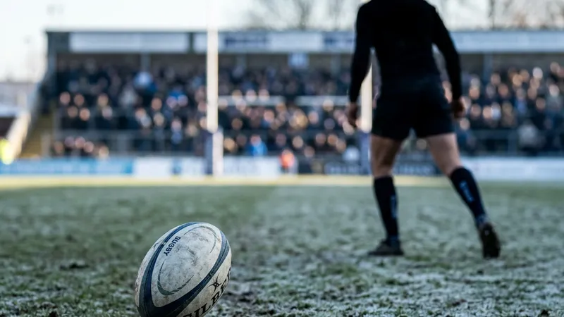 A rugby ball on a kicking tee as a goal-kicker lines up a penalty on a cold Six Nations afternoon
