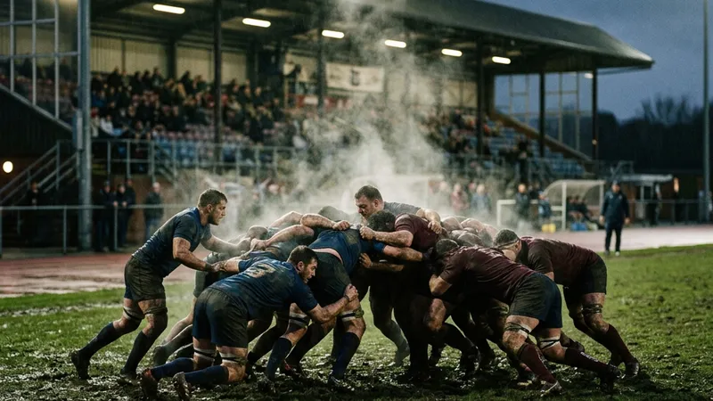 A scrum engaging on a wet provincial pitch under floodlights during a URC match