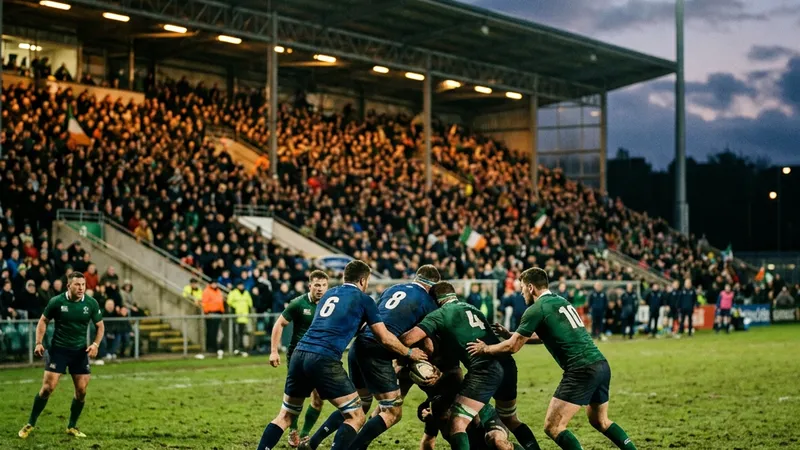 A provincial rugby match under floodlights with a packed Irish stand