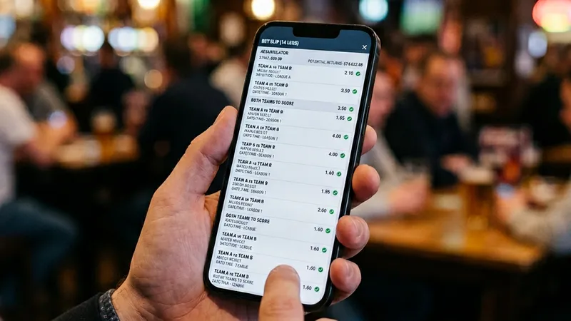 A smartphone bet slip building a multi-leg accumulator, held over a pub table on a Saturday