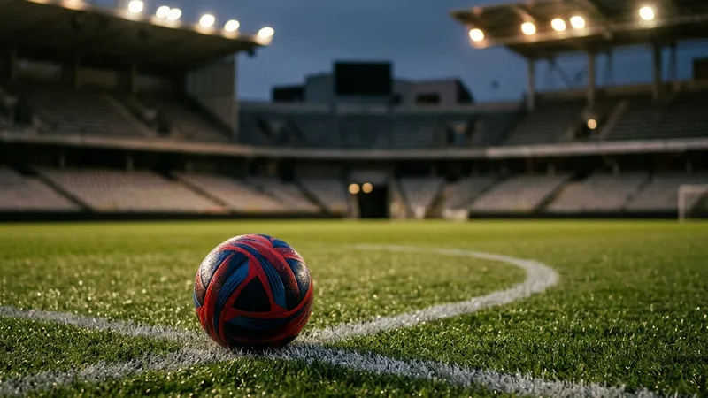 A match ball resting on the centre spot of a floodlit World Cup pitch at dusk before a knockout tie
