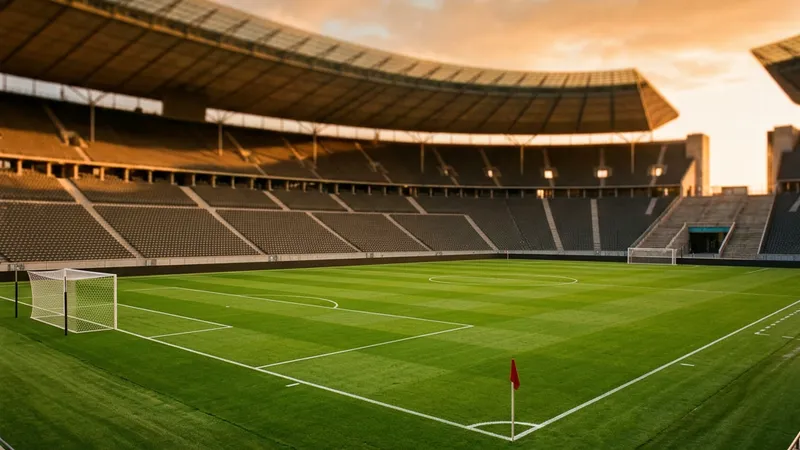 A football stadium pitch at golden hour ready for a World Cup match